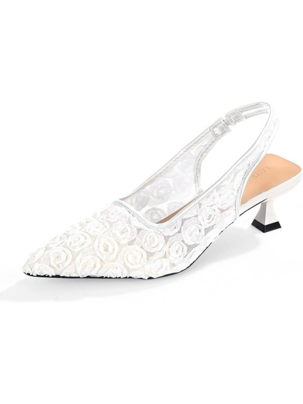 Women's White Pointed Toe Floral Mesh Slingback Low Heel Formal Kitten Heels